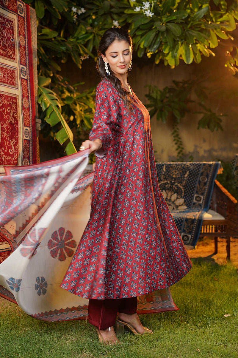 Maroon Rayon Blend Floral Printed A-Line Kurta Palazzos With Dupatta | SHOBITAM