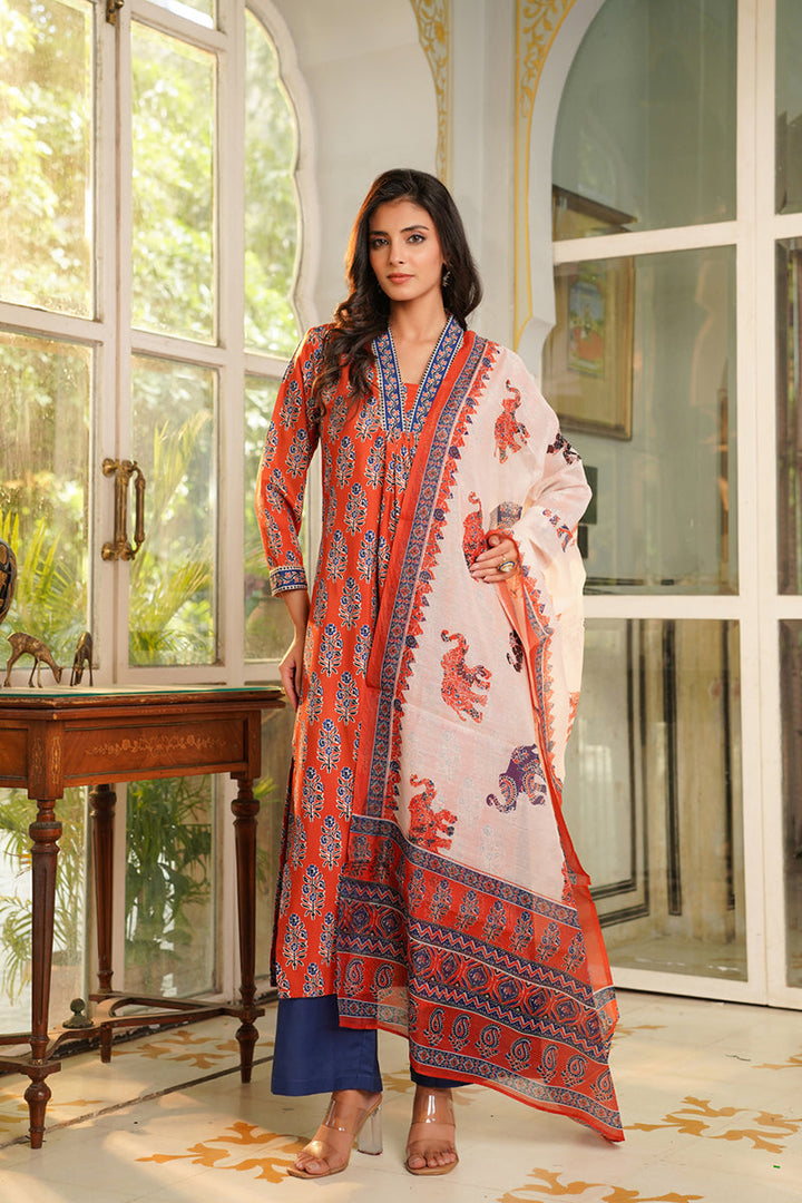 Orange Rayon Blend Floral Printed Straight Kurta Palazzos With Dupatta | SHOBITAM