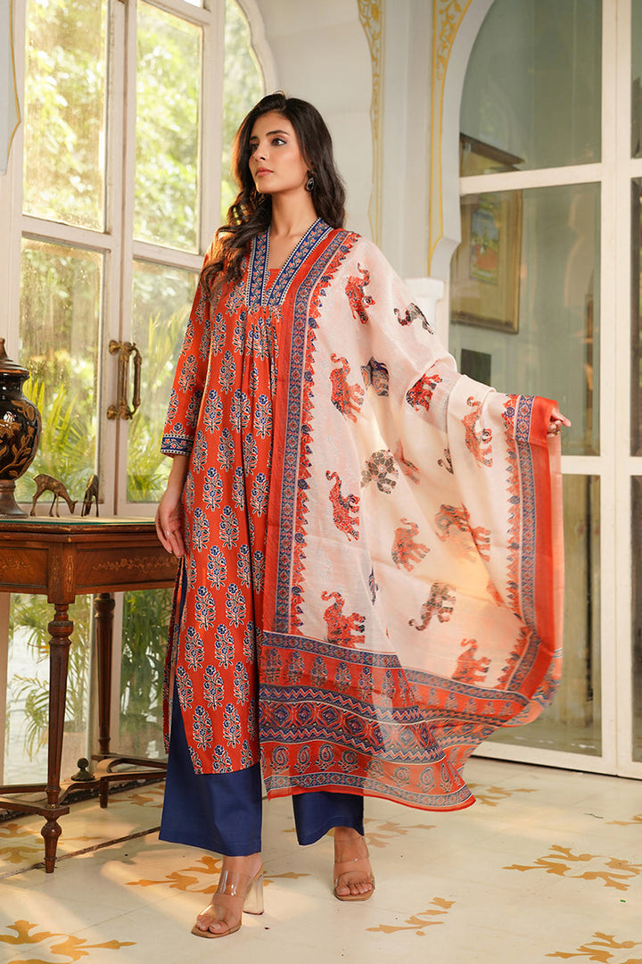 Orange Rayon Blend Floral Printed Straight Kurta Palazzos With Dupatta | SHOBITAM