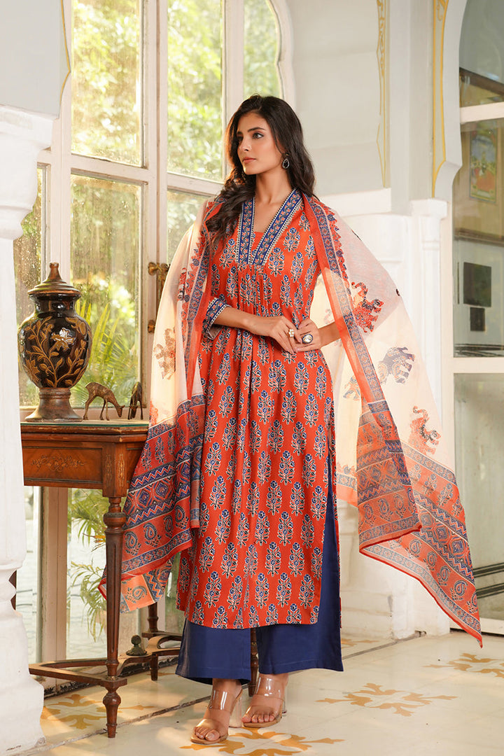 Orange Rayon Blend Floral Printed Straight Kurta Palazzos With Dupatta | SHOBITAM