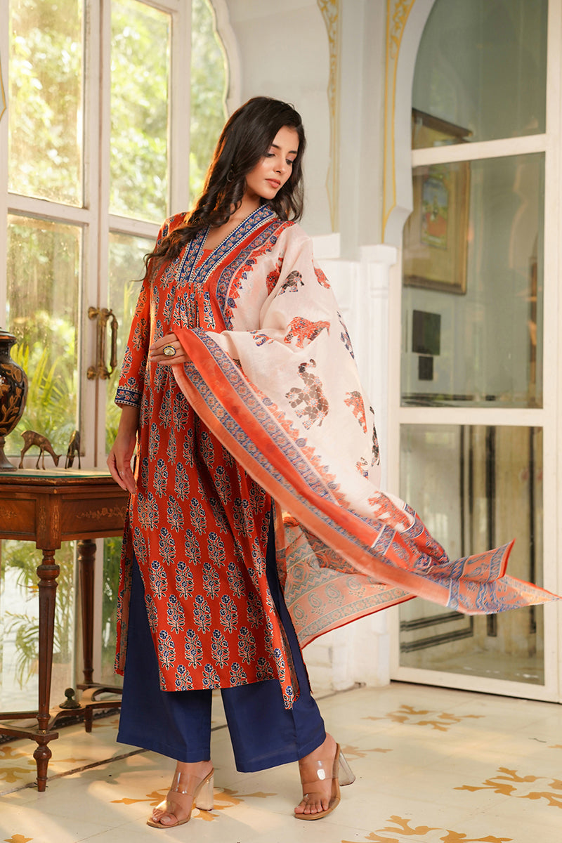 Orange Rayon Blend Floral Printed Straight Kurta Palazzos With Dupatta | SHOBITAM