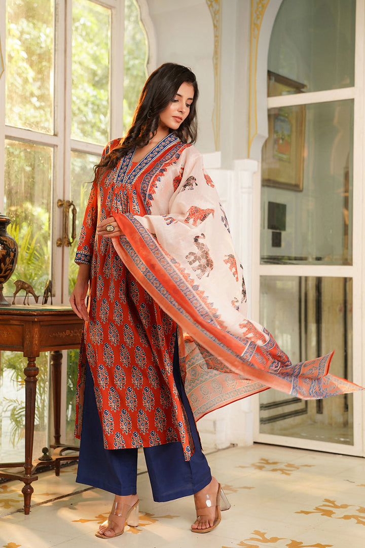 Orange Rayon Blend Floral Printed Straight Kurta Palazzos With Dupatta | SHOBITAM
