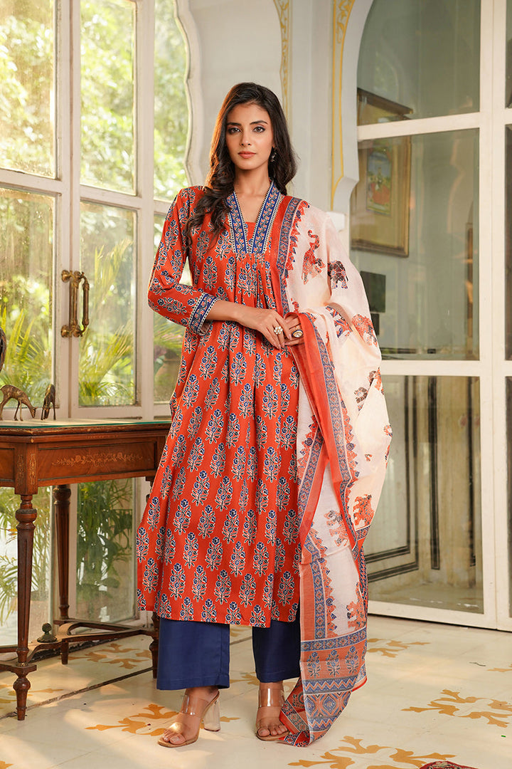 Orange Rayon Blend Floral Printed Straight Kurta Palazzos With Dupatta | SHOBITAM