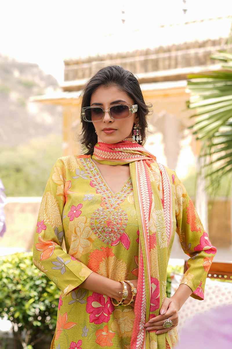 Lime Green Viscose Rayon Floral Embroidered Straight Kurta Trousers With Dupatta | SHOBITAM