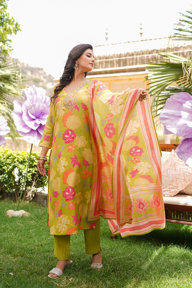 Lime Green Viscose Rayon Floral Embroidered Straight Kurta Trousers With Dupatta | SHOBITAM