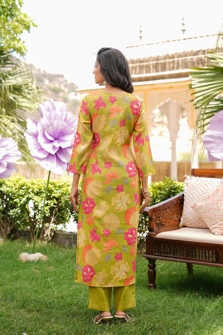 Lime Green Viscose Rayon Floral Embroidered Straight Kurta Trousers With Dupatta | SHOBITAM
