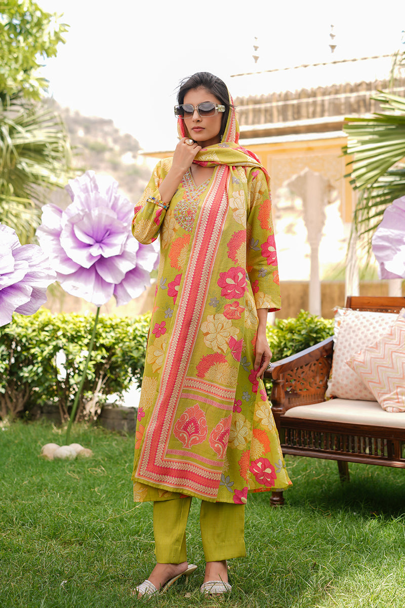 Lime Green Viscose Rayon Floral Embroidered Straight Kurta Trousers With Dupatta | SHOBITAM