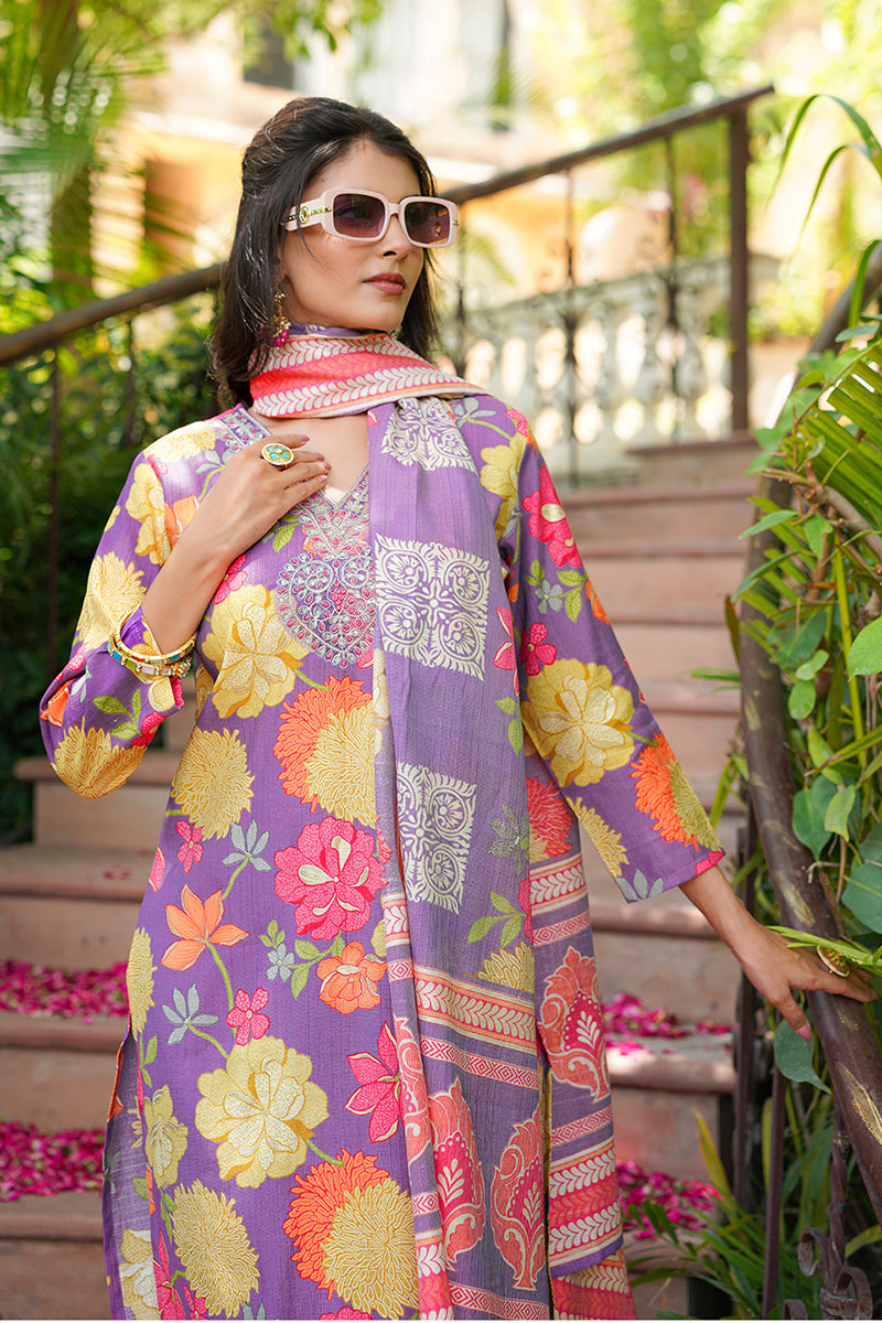 Purple Viscose Rayon Floral Embroidered Straight Kurta Trousers With Dupatta  | SHOBITAM