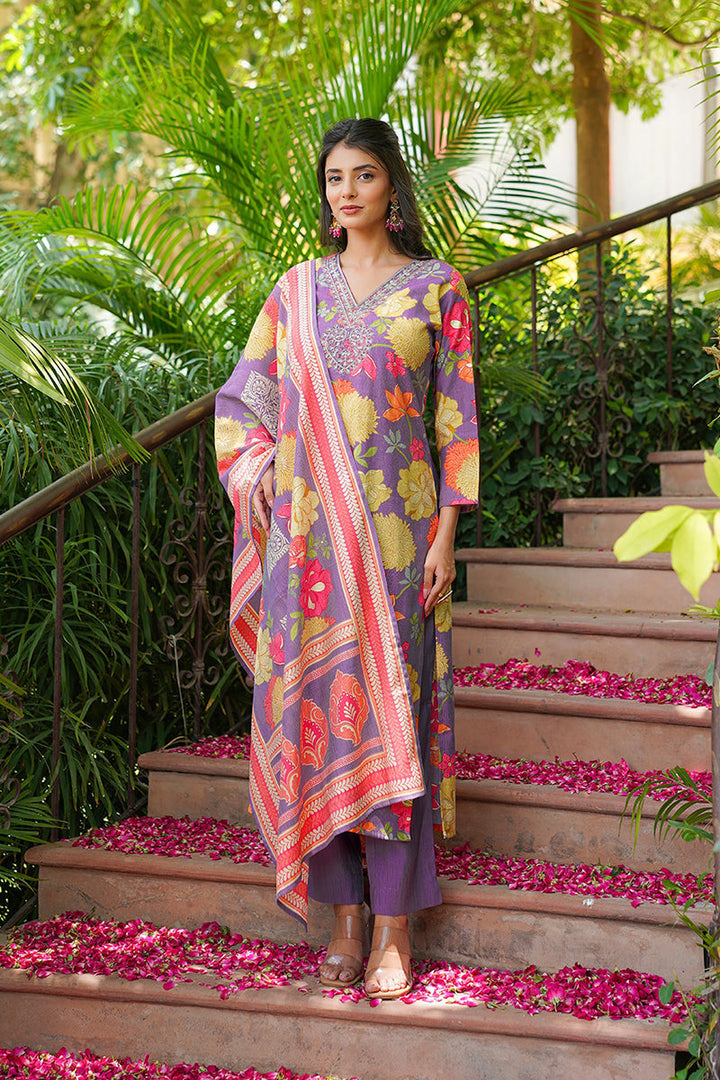 Purple Viscose Rayon Floral Embroidered Straight Kurta Trousers With Dupatta  | SHOBITAM