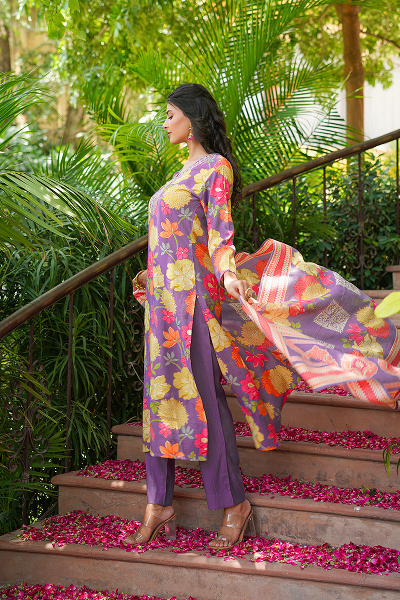 Purple Viscose Rayon Floral Embroidered Straight Kurta Trousers With Dupatta  | SHOBITAM