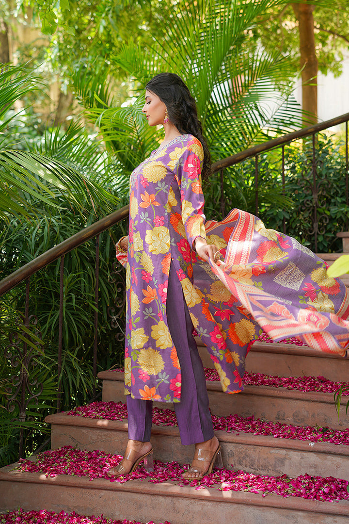 Purple Viscose Rayon Floral Embroidered Straight Kurta Trousers With Dupatta  | SHOBITAM