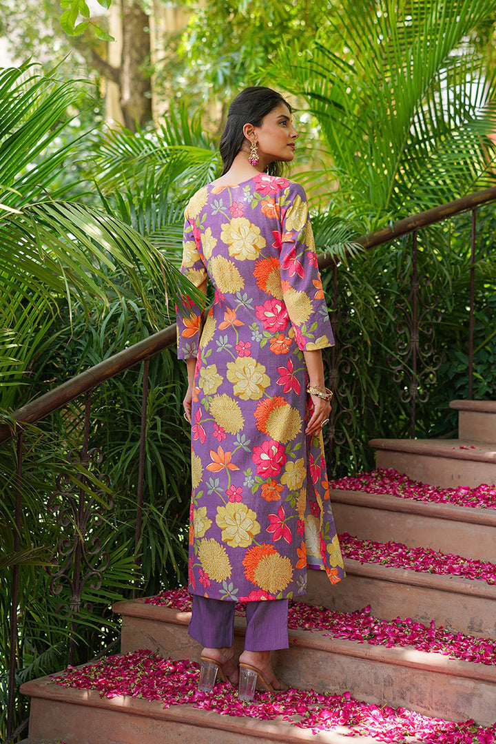 Purple Viscose Rayon Floral Embroidered Straight Kurta Trousers With Dupatta  | SHOBITAM