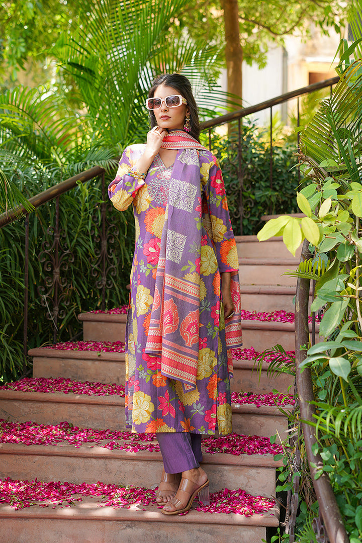 Purple Viscose Rayon Floral Embroidered Straight Kurta Trousers With Dupatta  | SHOBITAM