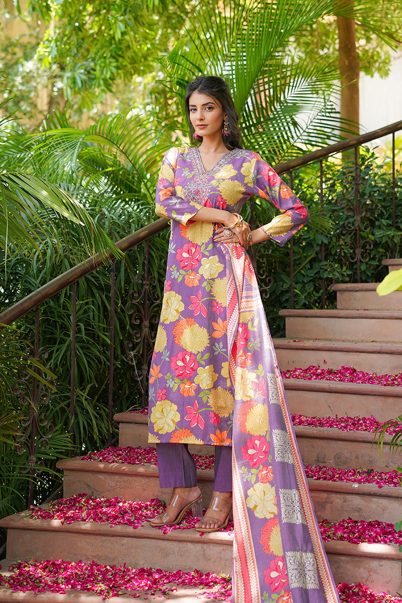 Purple Viscose Rayon Floral Embroidered Straight Kurta Trousers With Dupatta  | SHOBITAM