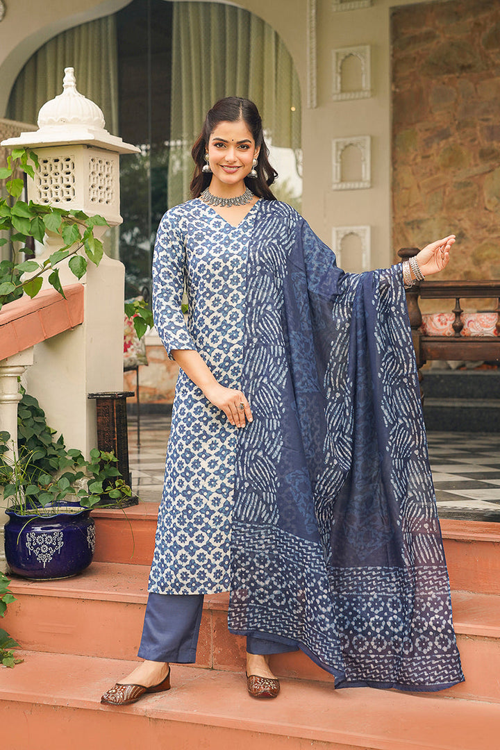 Blue Cotton Blend Printed Straight Kurta Trousers With Dupatta | SHOBITAM
