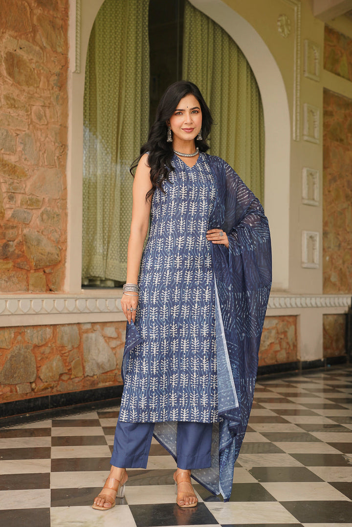 Blue Cotton Blend Printed Straight Kurta Trousers With Dupatta | SHOBITAM