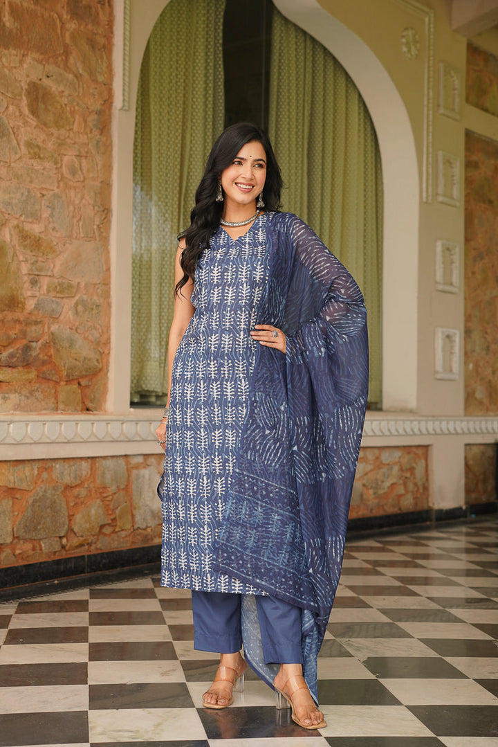 Blue Cotton Blend Printed Straight Kurta Trousers With Dupatta | SHOBITAM