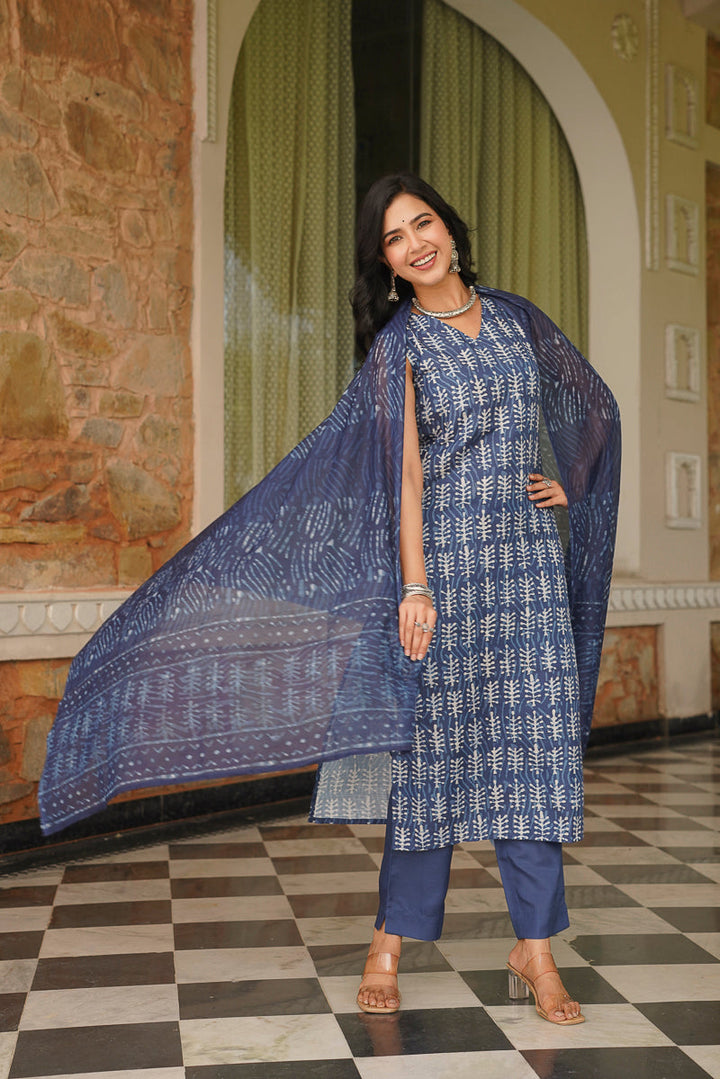 Blue Cotton Blend Printed Straight Kurta Trousers With Dupatta | SHOBITAM