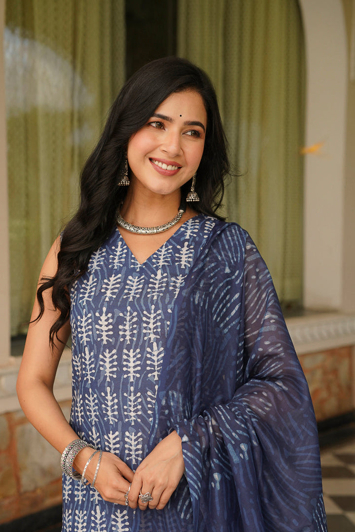 Blue Cotton Blend Printed Straight Kurta Trousers With Dupatta | SHOBITAM