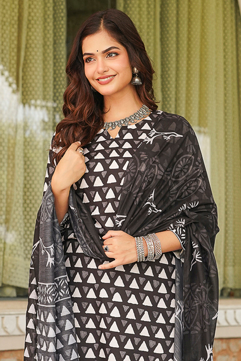 Black Cotton Blend Geometric Printed Straight Kurta Trousers With Dupatta | SHOBITAM