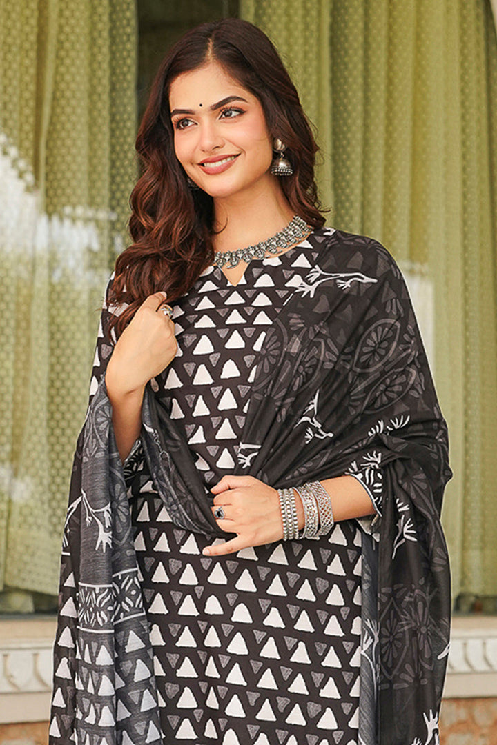 Black Cotton Blend Geometric Printed Straight Kurta Trousers With Dupatta | SHOBITAM