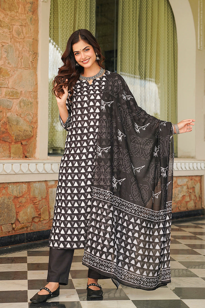 Black Cotton Blend Geometric Printed Straight Kurta Trousers With Dupatta | SHOBITAM