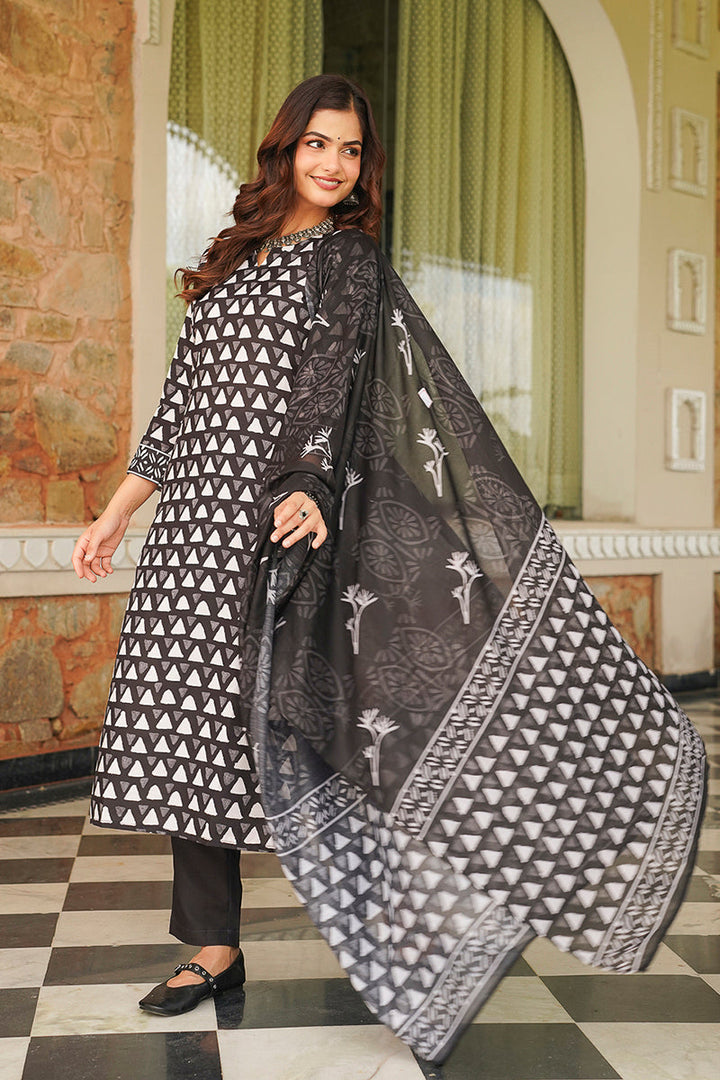 Black Cotton Blend Geometric Printed Straight Kurta Trousers With Dupatta | SHOBITAM
