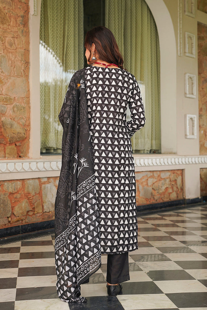 Black Cotton Blend Geometric Printed Straight Kurta Trousers With Dupatta | SHOBITAM