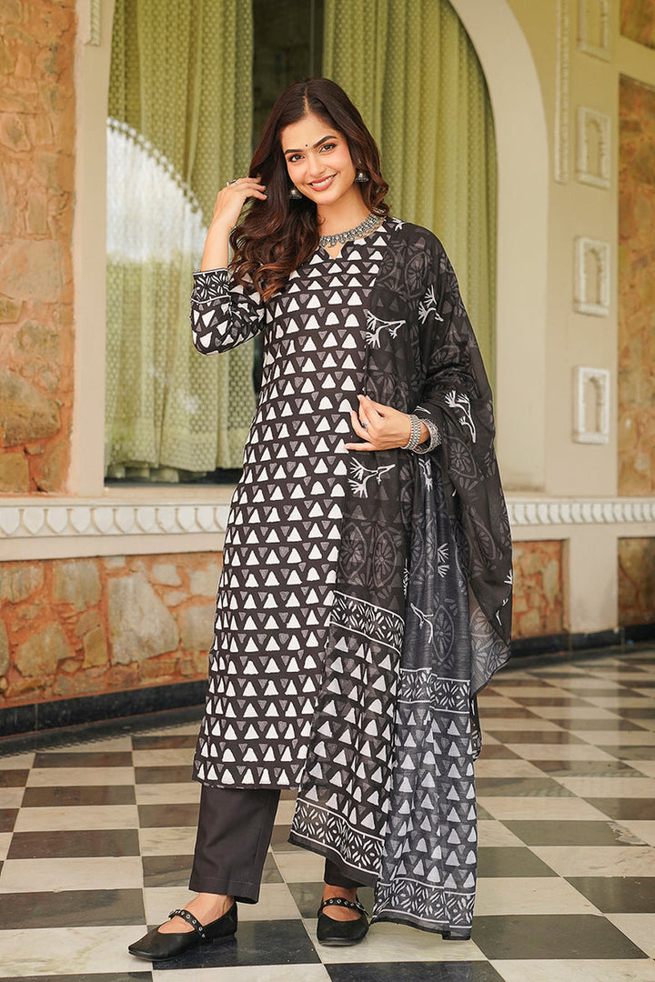 Black Cotton Blend Geometric Printed Straight Kurta Trousers With Dupatta | SHOBITAM