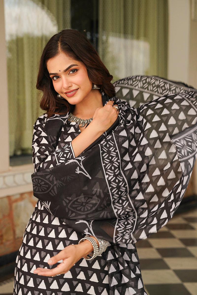 Black Cotton Blend Geometric Printed Straight Kurta Trousers With Dupatta | SHOBITAM