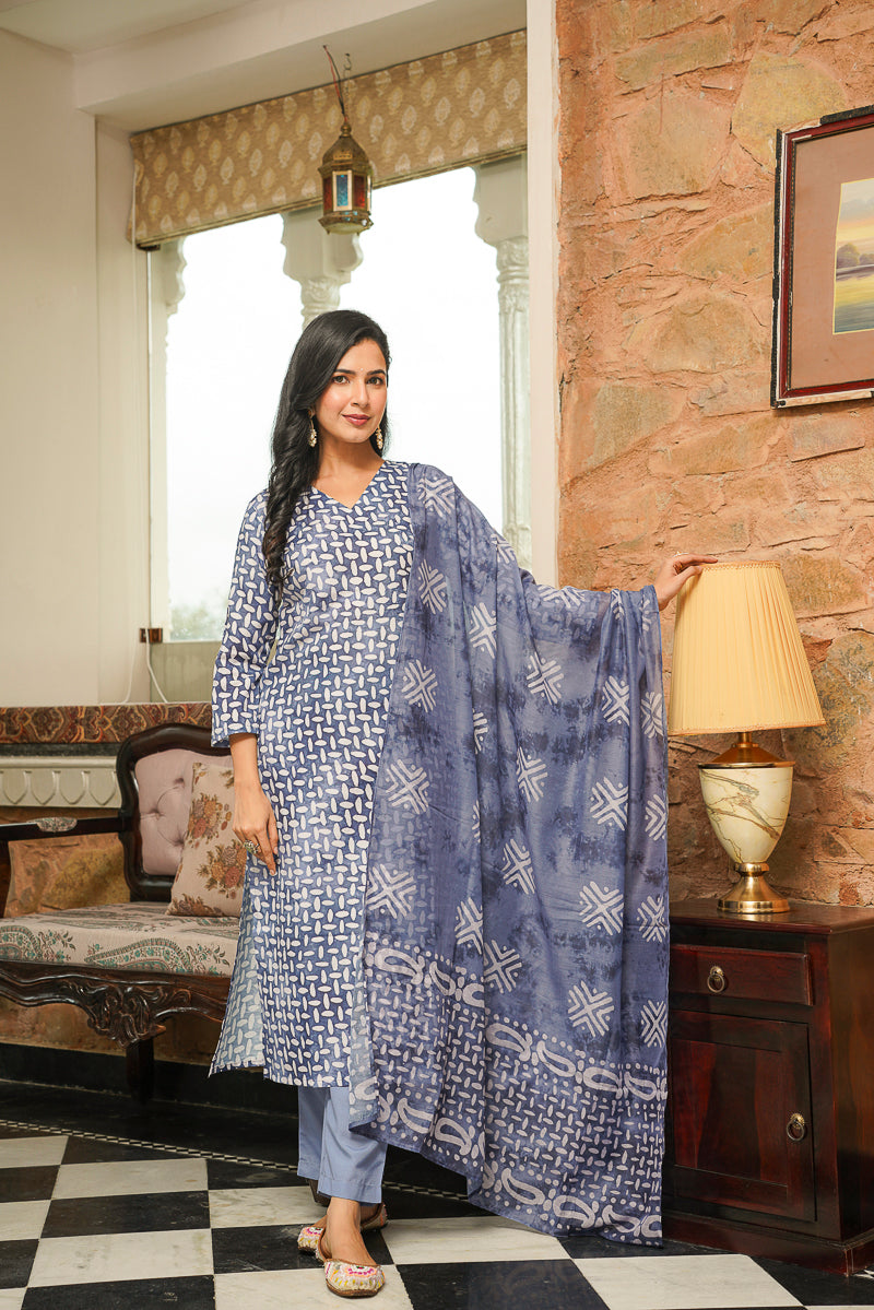 Blue Cotton Blend Batik Printed Straight Kurta Trousers With Dupatta | SHOBITAM