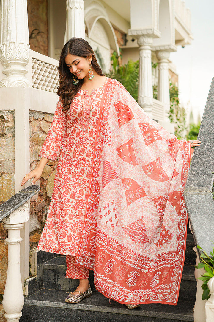 Orange Cotton Blend Floral Printed Straight Kurta Trousers With Dupatta | SHOBITAM