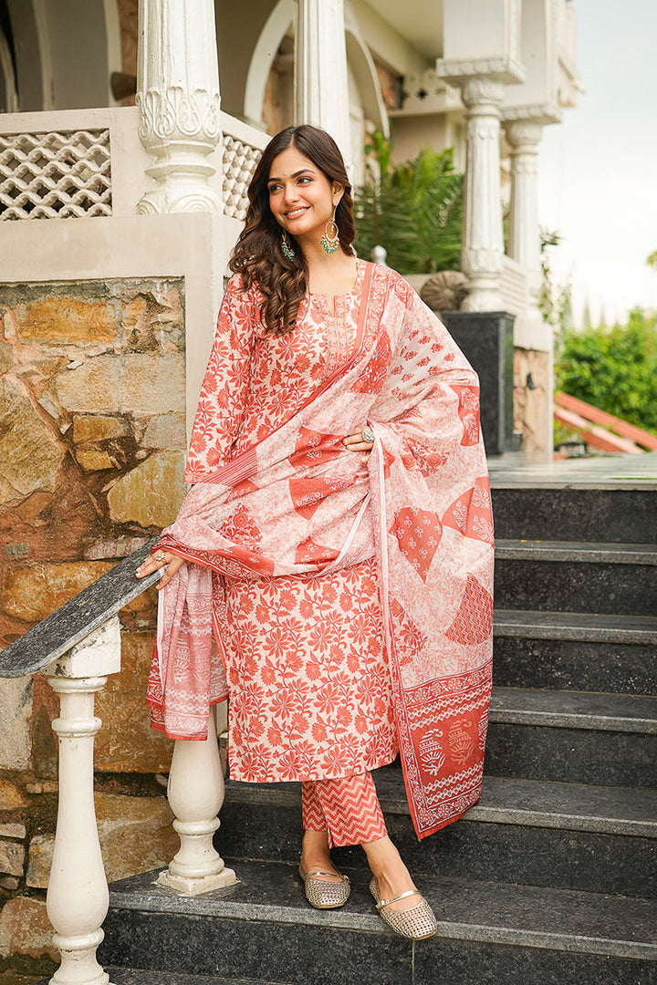 Orange Cotton Blend Floral Printed Straight Kurta Trousers With Dupatta | SHOBITAM
