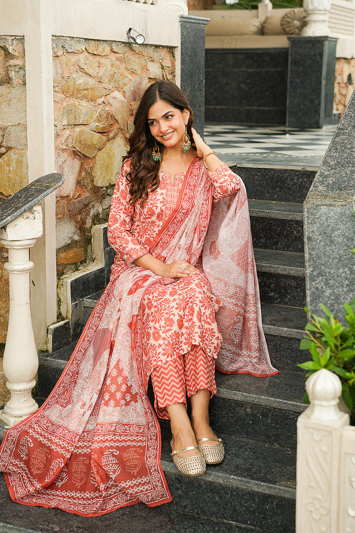 Orange Cotton Blend Floral Printed Straight Kurta Trousers With Dupatta | SHOBITAM