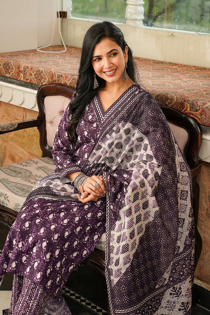 Purple Cotton Blend Ethnic Motifs Printed Straight Kurta Trousers With Dupatta | SHOBITAM