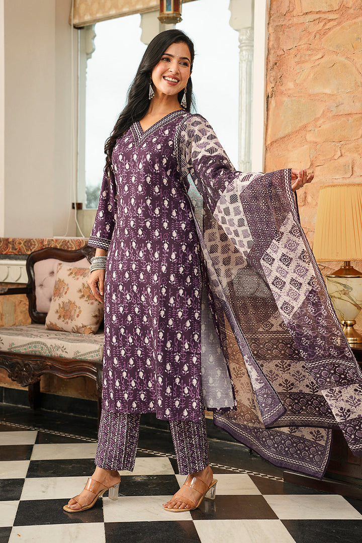 Purple Cotton Blend Ethnic Motifs Printed Straight Kurta Trousers With Dupatta | SHOBITAM