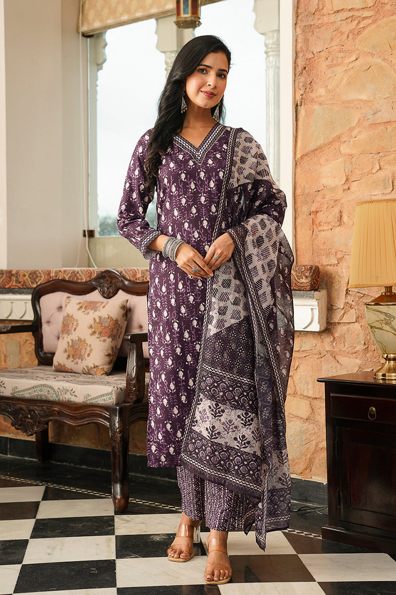 Purple Cotton Blend Ethnic Motifs Printed Straight Kurta Trousers With Dupatta | SHOBITAM