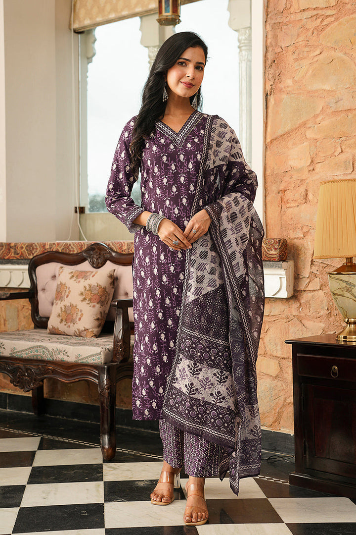 Purple Cotton Blend Ethnic Motifs Printed Straight Kurta Trousers With Dupatta | SHOBITAM