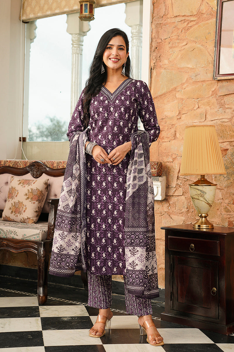 Purple Cotton Blend Ethnic Motifs Printed Straight Kurta Trousers With Dupatta | SHOBITAM