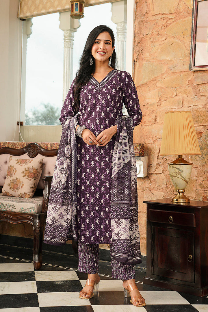Purple Cotton Blend Ethnic Motifs Printed Straight Kurta Trousers With Dupatta | SHOBITAM