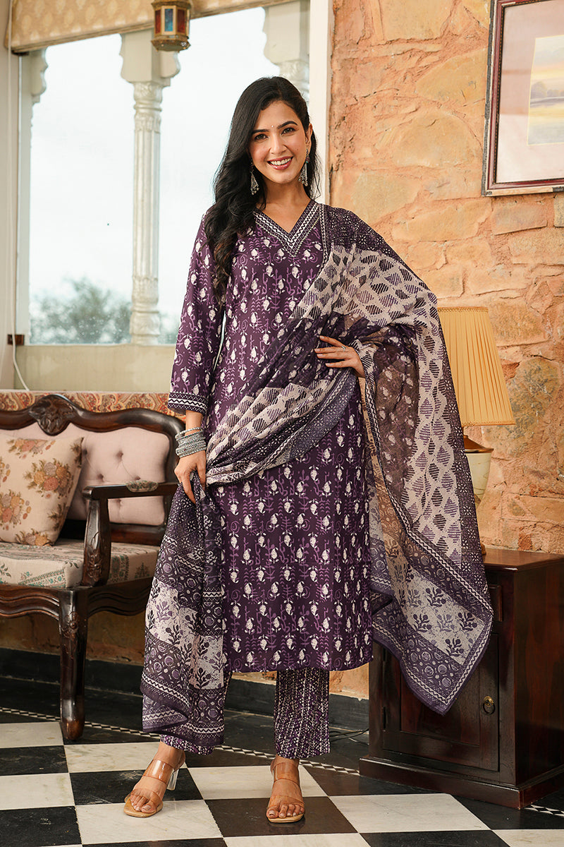Purple Cotton Blend Ethnic Motifs Printed Straight Kurta Trousers With Dupatta | SHOBITAM