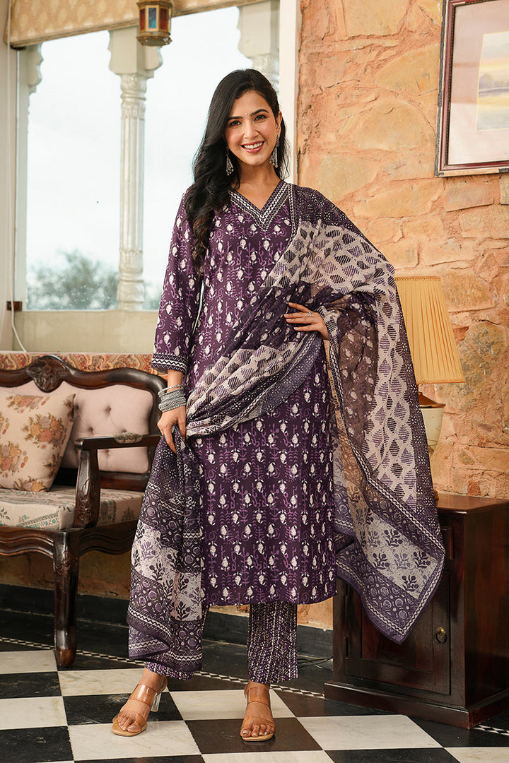 Purple Cotton Blend Ethnic Motifs Printed Straight Kurta Trousers With Dupatta | SHOBITAM