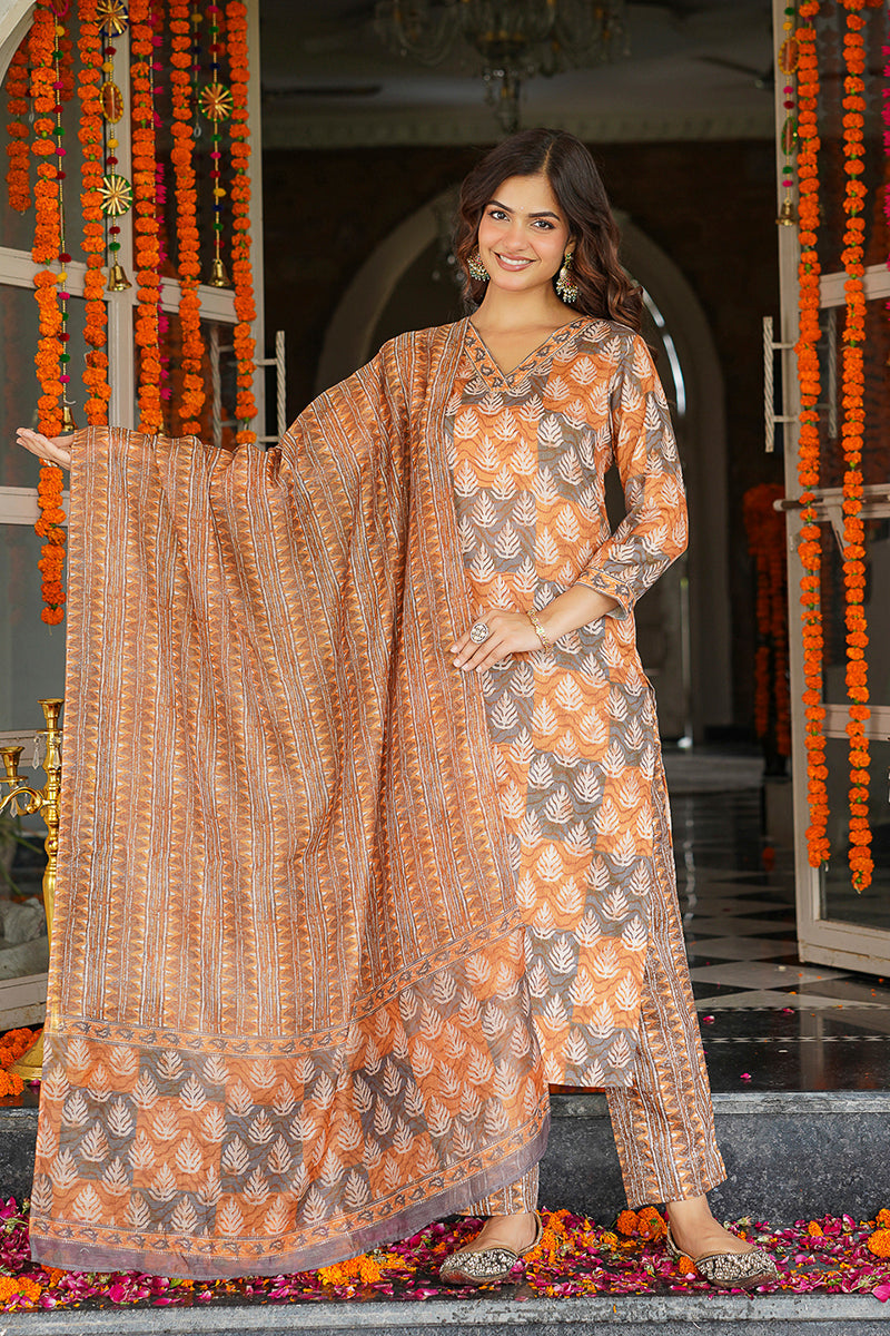 Multicolor Cotton Blend Ethnic Motifs Printed Straight Kurta Trousers With Dupatta | SHOBITAM