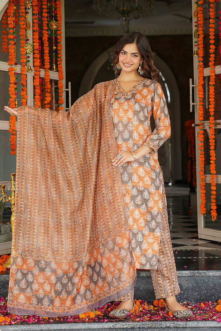 Multicolor Cotton Blend Ethnic Motifs Printed Straight Kurta Trousers With Dupatta | SHOBITAM