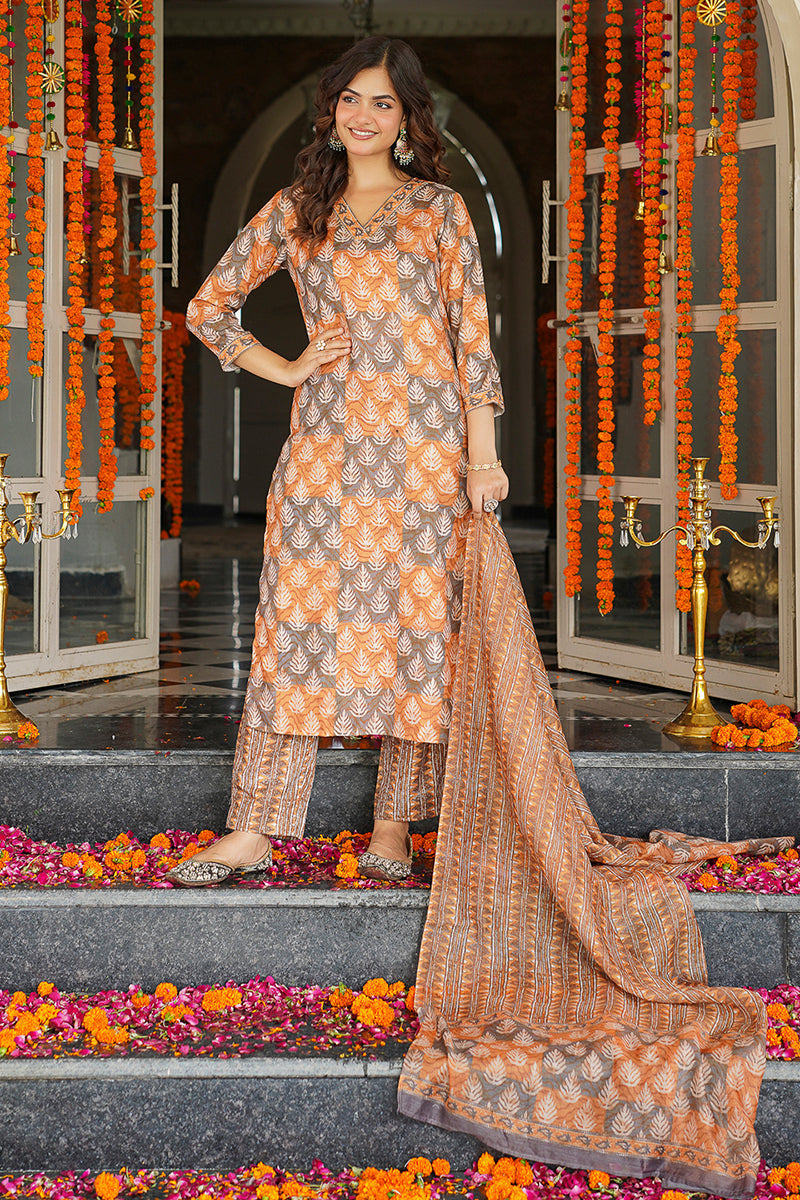 Multicolor Cotton Blend Ethnic Motifs Printed Straight Kurta Trousers With Dupatta | SHOBITAM