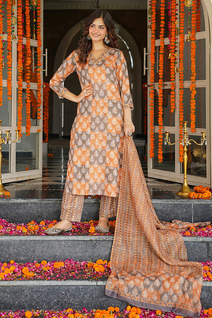 Multicolor Cotton Blend Ethnic Motifs Printed Straight Kurta Trousers With Dupatta | SHOBITAM