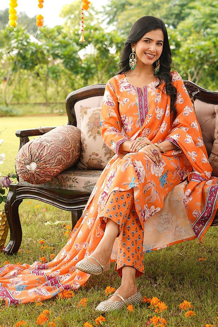 Orange Cotton Blend Floral Printed Straight Kurta Trousers With Dupatta | SHOBITAM
