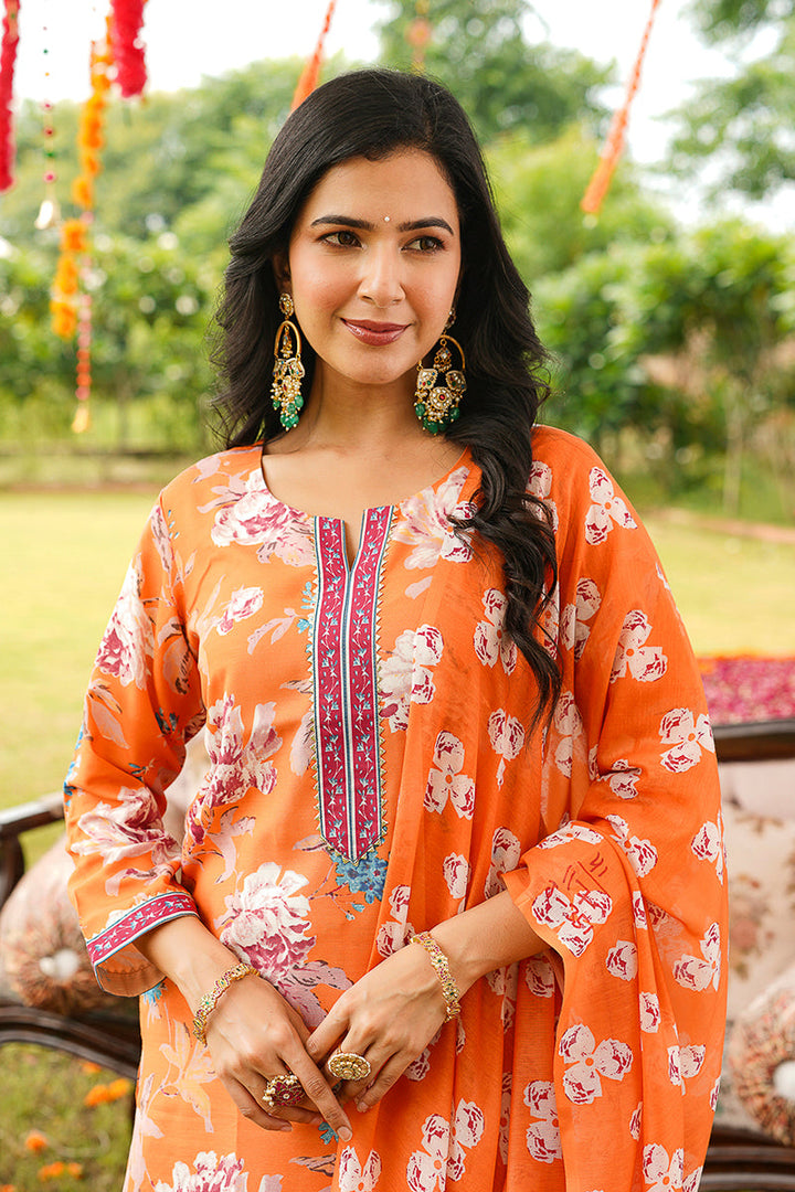 Orange Cotton Blend Floral Printed Straight Kurta Trousers With Dupatta | SHOBITAM