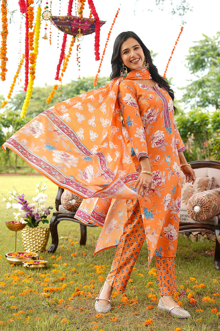 Orange Cotton Blend Floral Printed Straight Kurta Trousers With Dupatta | SHOBITAM