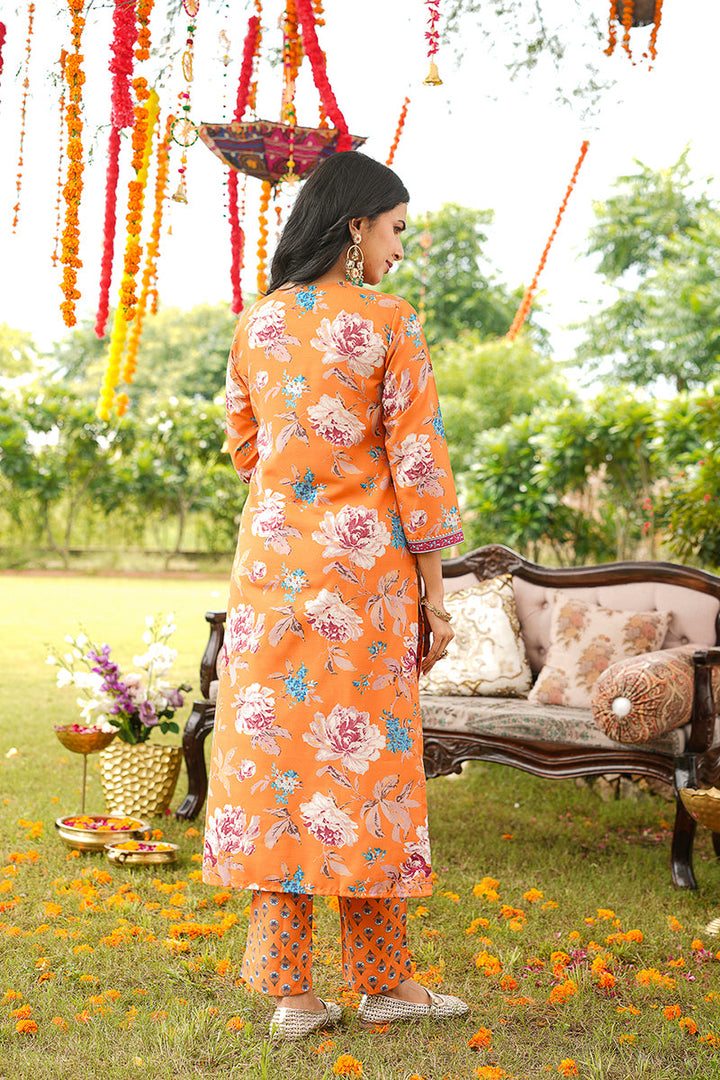 Orange Cotton Blend Floral Printed Straight Kurta Trousers With Dupatta | SHOBITAM